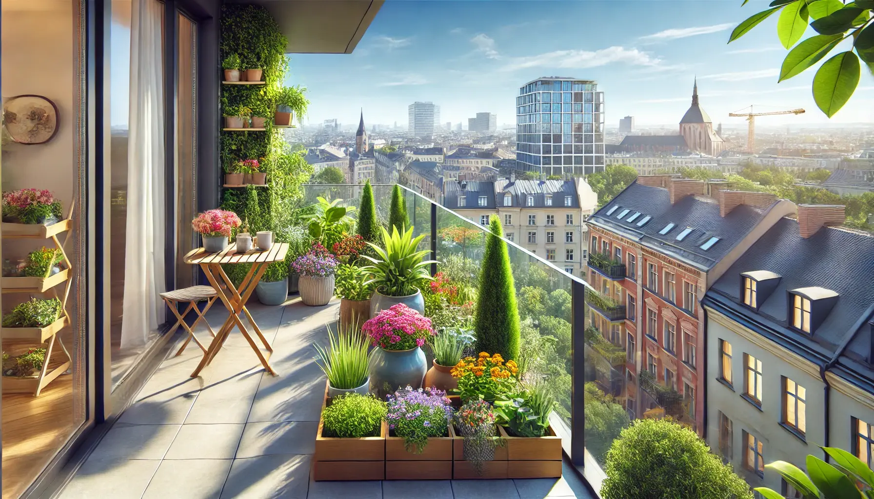 Üppiges Grün mit Tropfschläuchen auf dem Balkon